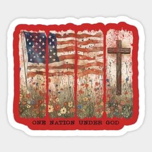 One Nation Under God USA Flag Cross Floral Christian Women Sticker